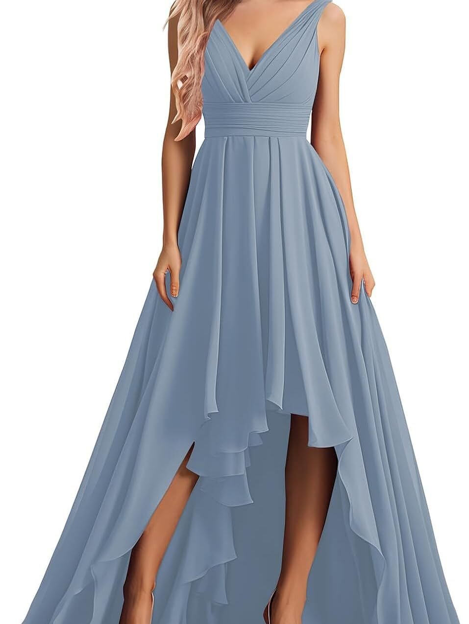 “Emerald Green Ruched V-Neck High-Low Chiffon Formal